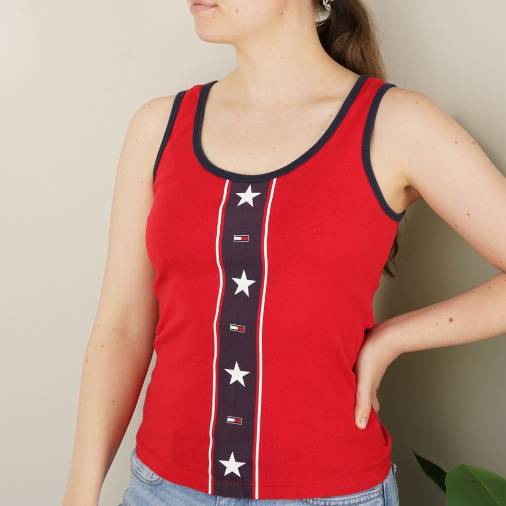 Vintage 2002 Tommy Hilfiger Jeans Tank Top 100% Cotton Red White Blue Stars Y2K